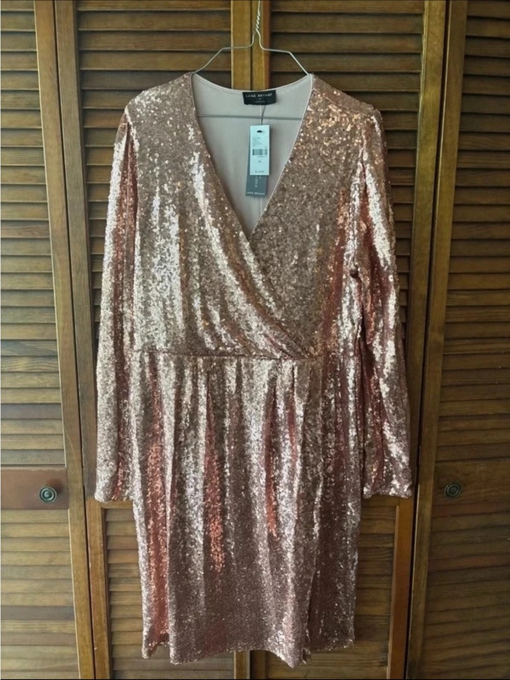 Lane Bryant Rose Gold Sequin Wrap-Front Long Sleeve Dress